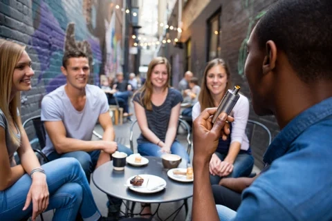 A diverse group of friends in a lively Melbourne laneway cafe, one is holding a refillable vape device.