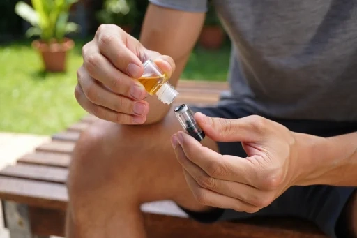 A person refilling a refillable vape pod with e-liquid on a bench in a sunny Perth backyard.