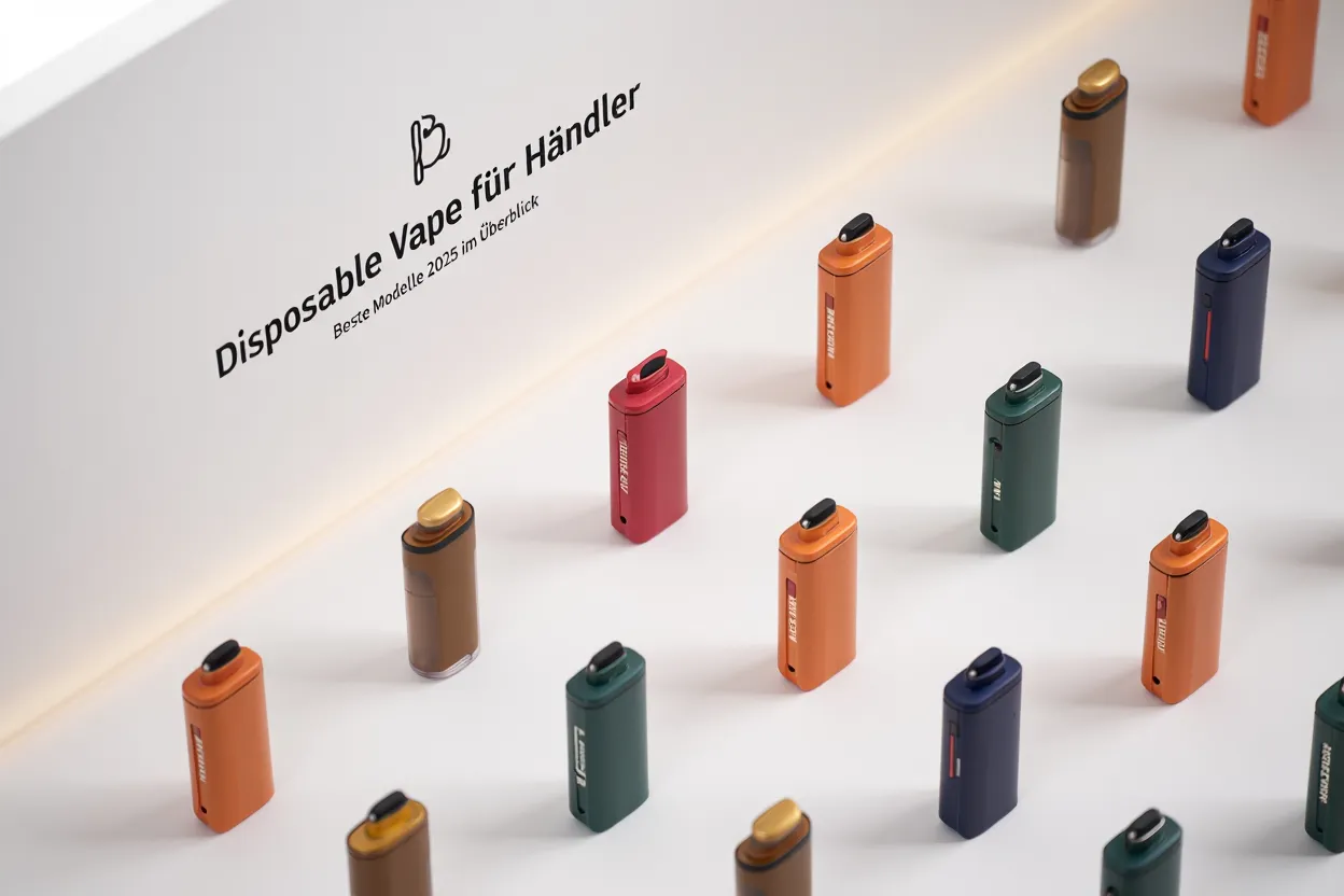 Ein aufgeräumter Verkaufstresen mit diversen Disposable Vape Modellen, der die Wichtigkeit einer guten Präsentation zeigt.