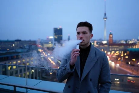 Eine Person genießt eine Einweg Vape ohne Nikotin in einer deutschen Stadtkulisse im Jahr 2025