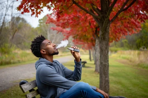 Person vaping outdoors in a relaxed setting